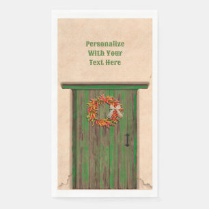 Southwest Chile Wreath on Rustic Green Wood Door Paper Guest Towels
