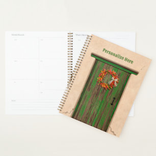 Southwest Chile Wreath on Rustic Green Wood Door Planner