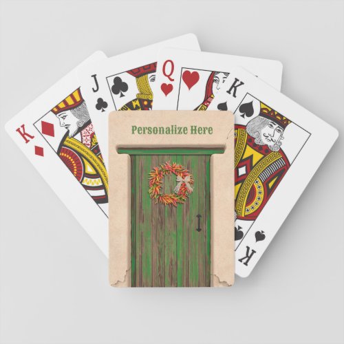 Southwest Chile Wreath on Rustic Green Wood Door Playing Cards