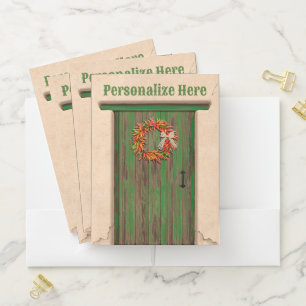 Southwest Chile Wreath on Rustic Green Wood Door Pocket Folder
