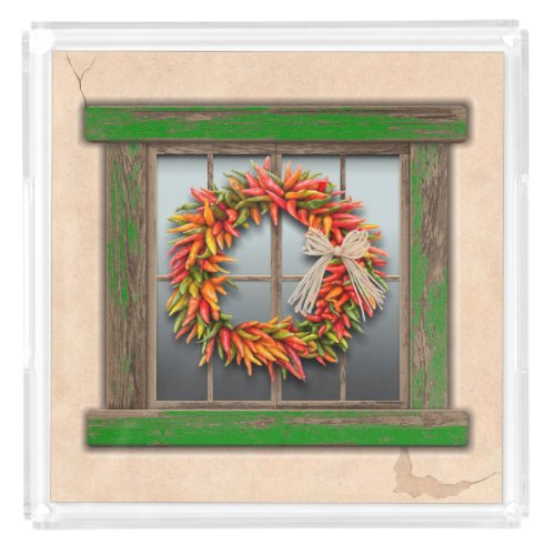 Southwest Chile Wreath on Rustic Green Wood Window Acrylic Tray
