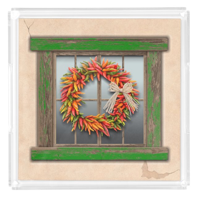 Southwest Chile Wreath on Rustic Green Wood Window Acrylic Tray (Front)