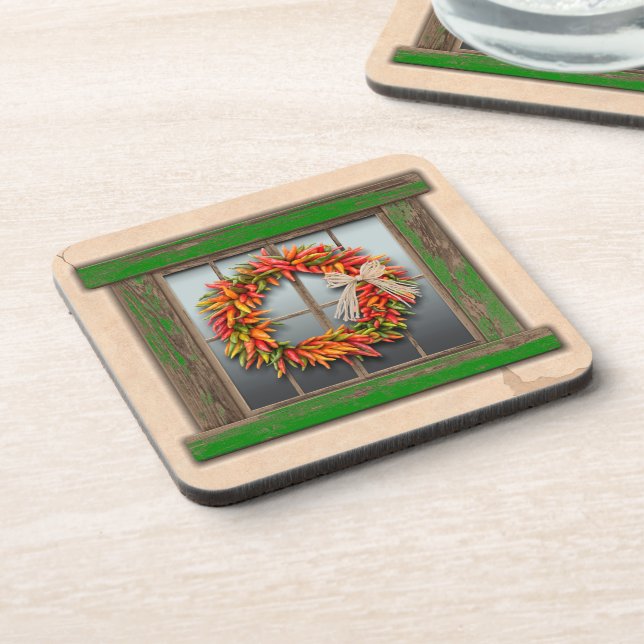 Southwest Chile Wreath on Rustic Green Wood Window Beverage Coaster (Left Side)