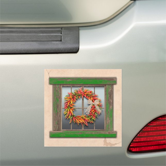 Southwest Chile Wreath on Rustic Green Wood Window Car Magnet (In Situ)