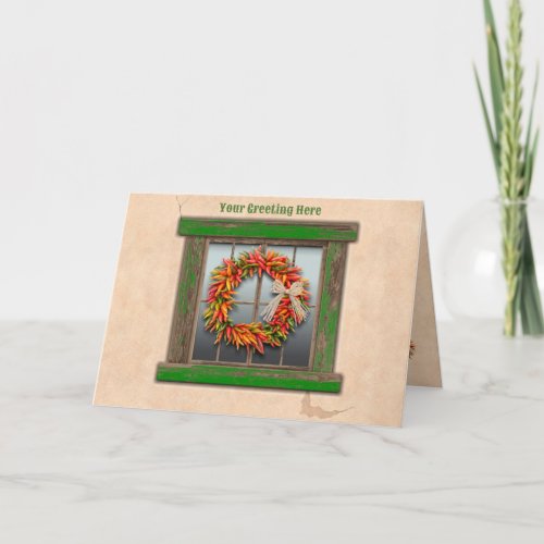 Southwest Chile Wreath on Rustic Green Wood Window Card