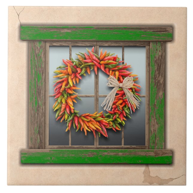 Southwest Chile Wreath on Rustic Green Wood Window Ceramic Tile (Front)