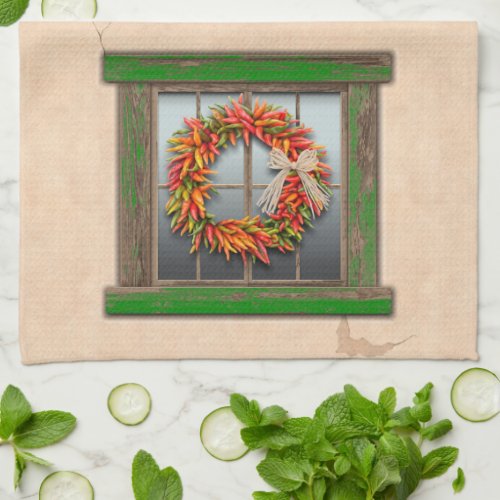 Southwest Chile Wreath on Rustic Green Wood Window Kitchen Towel