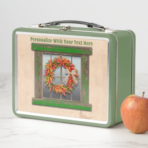Southwest Chile Wreath on Rustic Green Wood Window Metal Lunch Box