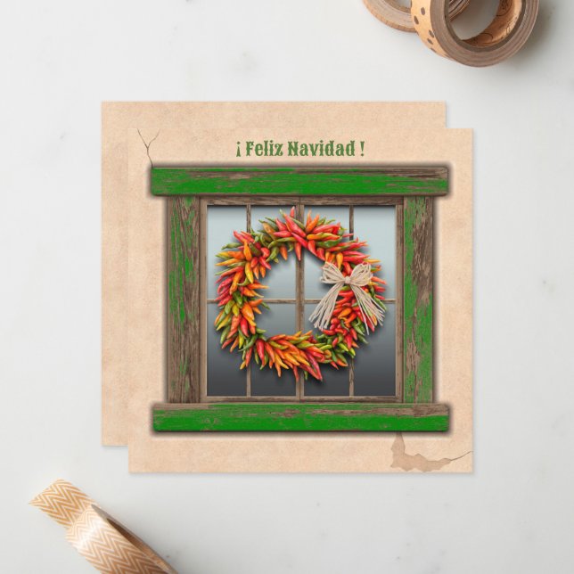 Southwest Chile Wreath on Rustic Green Wood Window Note Card (Front/Back In Situ)