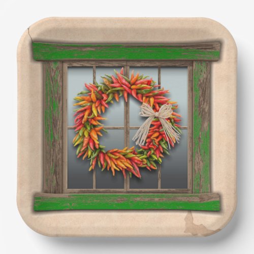Southwest Chile Wreath on Rustic Green Wood Window Paper Plates