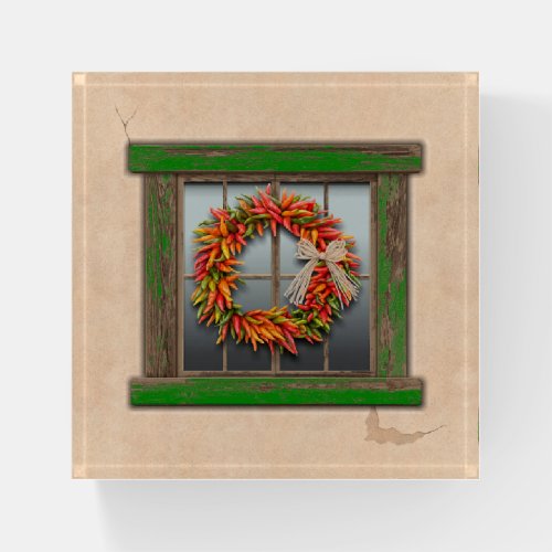 Southwest Chile Wreath on Rustic Green Wood Window Paperweight