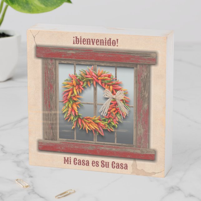 Southwest Chile Wreath on Rustic Red Window Wooden Box Sign (In Situ Horizontal)