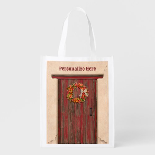 Southwest Chile Wreath on Rustic Red Wood Door Grocery Bag