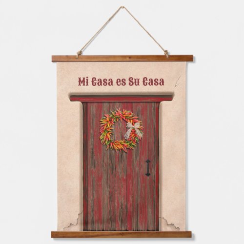Southwest Chile Wreath on Rustic Red Wood Door Hanging Tapestry