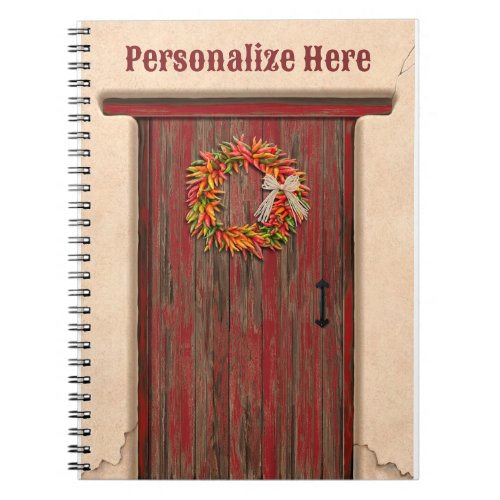 Southwest Chile Wreath on Rustic Red Wood Door  Notebook