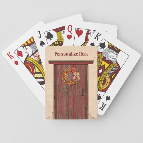 Southwest Chile Wreath on Rustic Red Wood Door Playing Cards