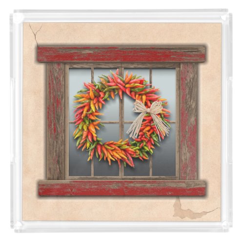 Southwest Chile Wreath on Rustic Red Wood Window Acrylic Tray