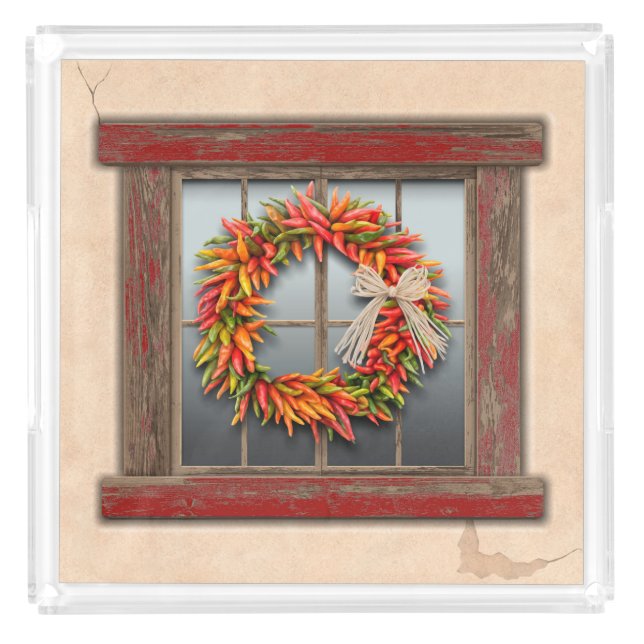 Southwest Chile Wreath on Rustic Red Wood Window Acrylic Tray (Front)