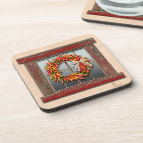 Southwest Chile Wreath on Rustic Red Wood Window Beverage Coaster