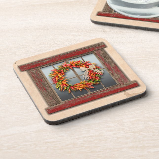 Southwest Chile Wreath on Rustic Red Wood Window Beverage Coaster (Left Side)
