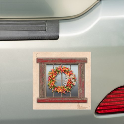 Southwest Chile Wreath on Rustic Red Wood Window  Car Magnet