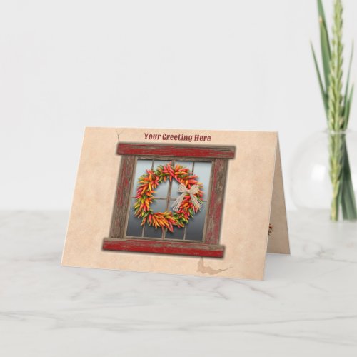 Southwest Chile Wreath on Rustic Red Wood Window Card