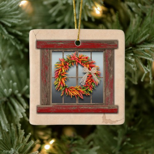 Southwest Chile Wreath on Rustic Red Wood Window Ceramic Ornament