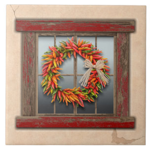 Southwest Chile Wreath on Rustic Red Wood Window Ceramic Tile