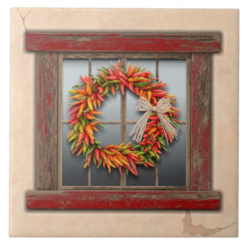 Southwest Chile Wreath on Rustic Red Wood Window Ceramic Tile
