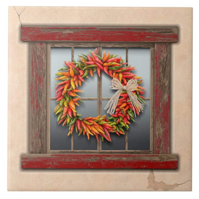 Southwest Chile Wreath on Rustic Red Wood Window Ceramic Tile (Front)