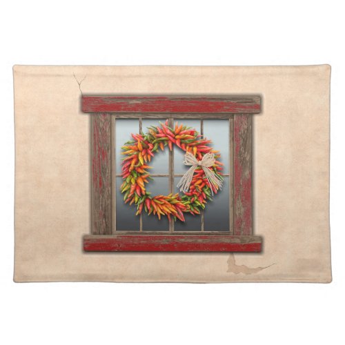 Southwest Chile Wreath on Rustic Red Wood Window Cloth Placemat