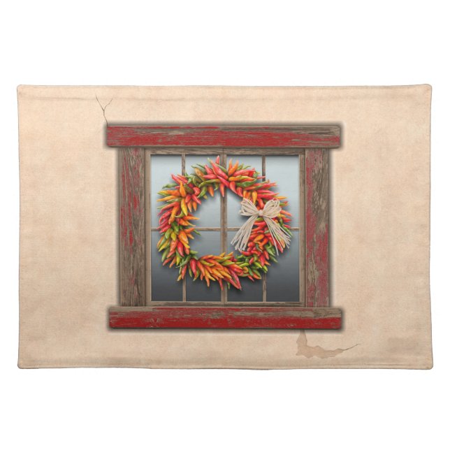 Southwest Chile Wreath on Rustic Red Wood Window Cloth Placemat (Front)