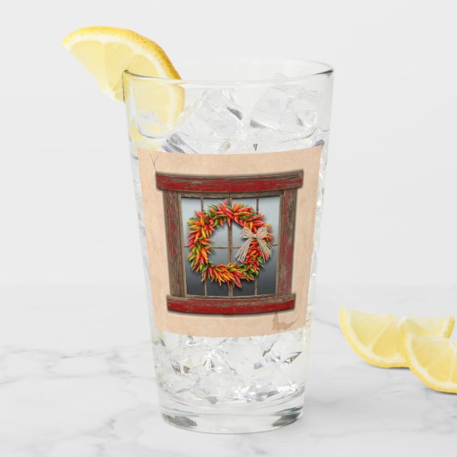 Southwest Chile Wreath on Rustic Red Wood Window Glass (Front Ice)