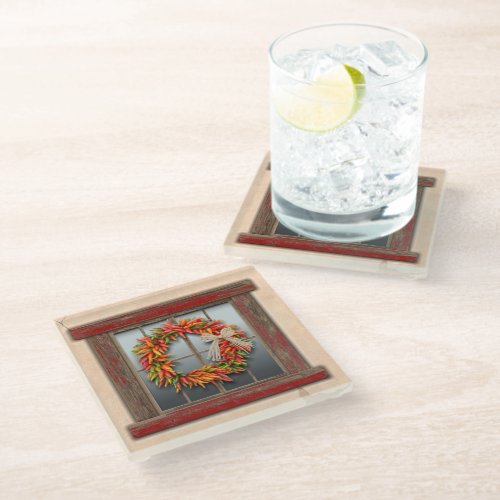 Southwest Chile Wreath on Rustic Red Wood Window Glass Coaster
