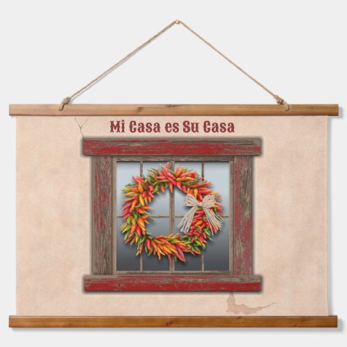 Southwest Chile Wreath on Rustic Red Wood Window Hanging Tapestry
