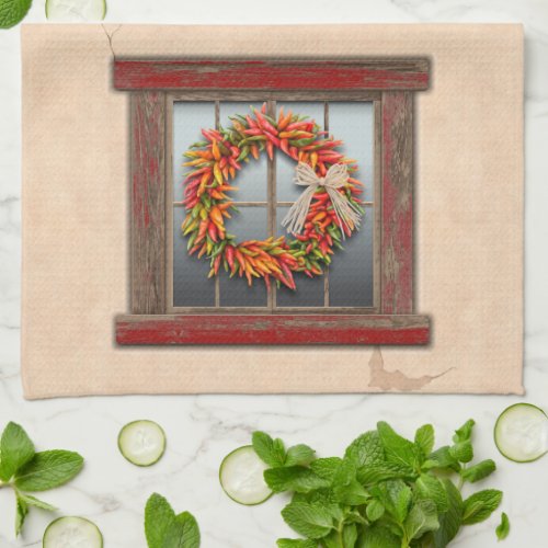 Southwest Chile Wreath on Rustic Red Wood Window Kitchen Towel