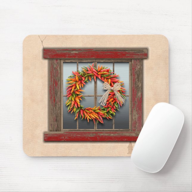 Southwest Chile Wreath on Rustic Red Wood Window Mouse Pad (With Mouse)