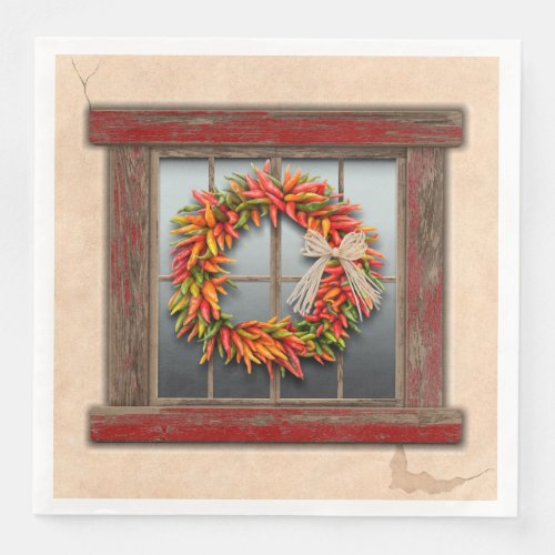 Southwest Chile Wreath on Rustic Red Wood Window Paper Dinner Napkins