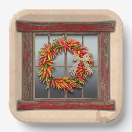 Southwest Chile Wreath on Rustic Red Wood Window Paper Plates