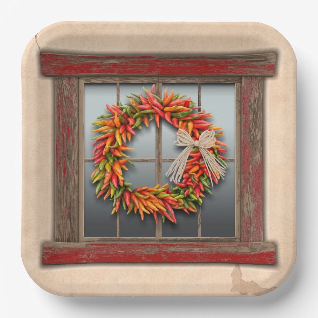 Southwest Chile Wreath on Rustic Red Wood Window Paper Plates (Front)