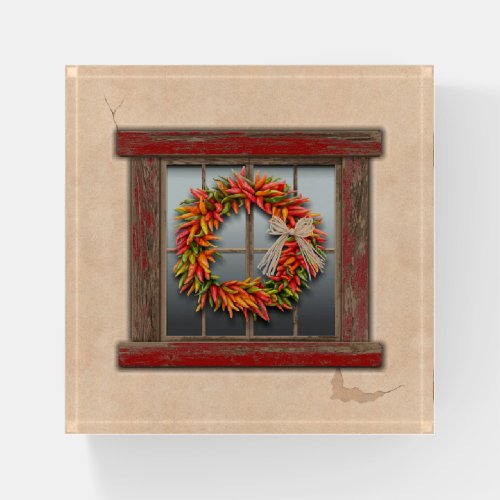 Southwest Chile Wreath on Rustic Red Wood Window Paperweight