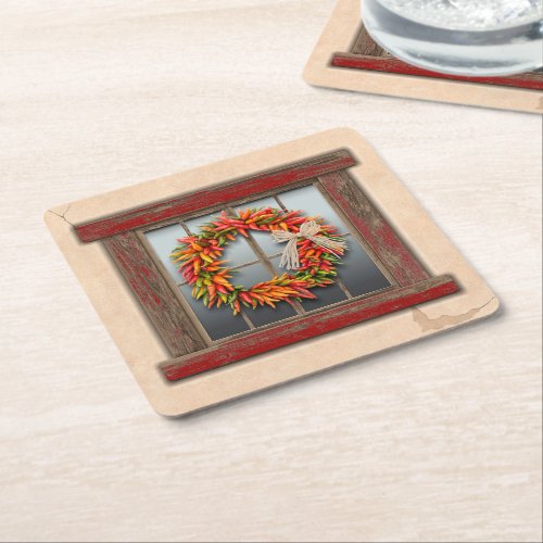 Southwest Chile Wreath on Rustic Red Wood Window Square Paper Coaster