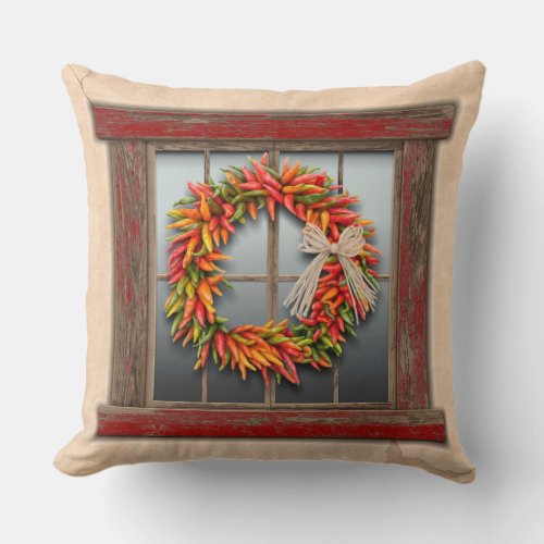 Southwest Chile Wreath on Rustic Red Wood Window Throw Pillow