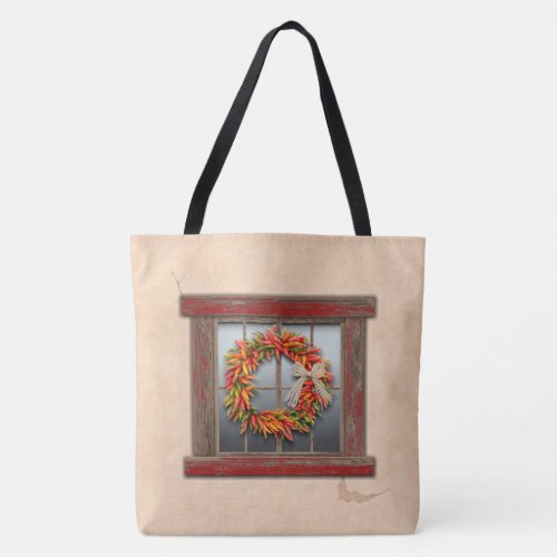 Southwest Chile Wreath on Rustic Red Wood Window Tote Bag