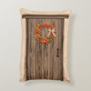 Southwest Chile Wreath on Rustic Wood Door Accent Pillow