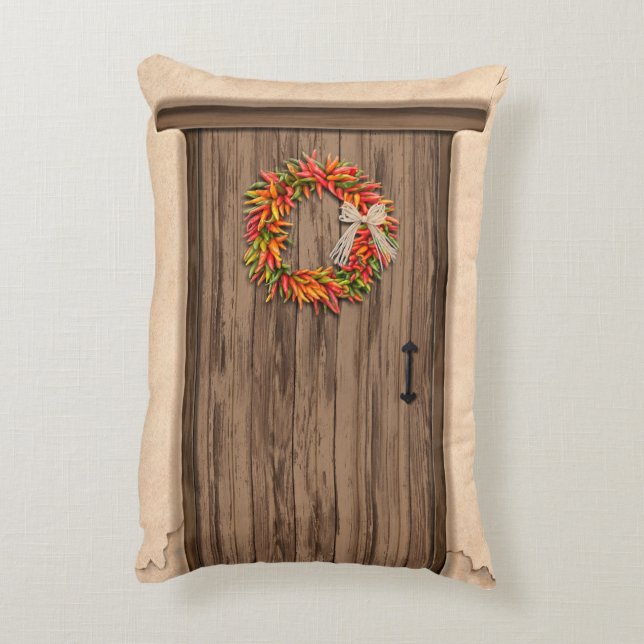 Southwest Chile Wreath on Rustic Wood Door Accent Pillow (Back(Vertical))