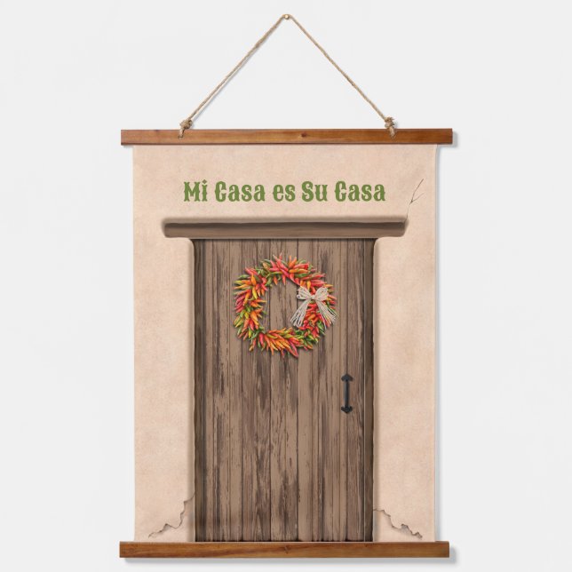 Southwest Chile Wreath on Rustic Wood Door Hanging Tapestry (Front)