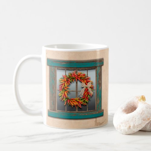 Southwest Chile Wreath on Rustic Wood Window Coffee Mug