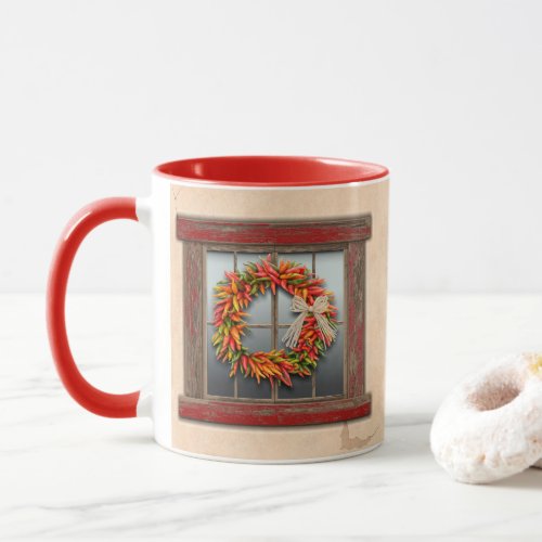 Southwest Chile Wreath on Rustic Wood Window Mug