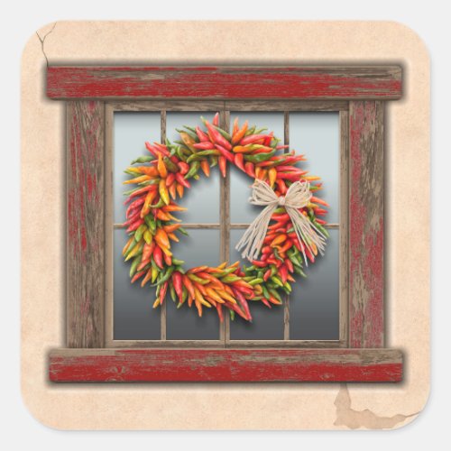 Southwest Chile Wreath on Rustic Wood Window Square Sticker